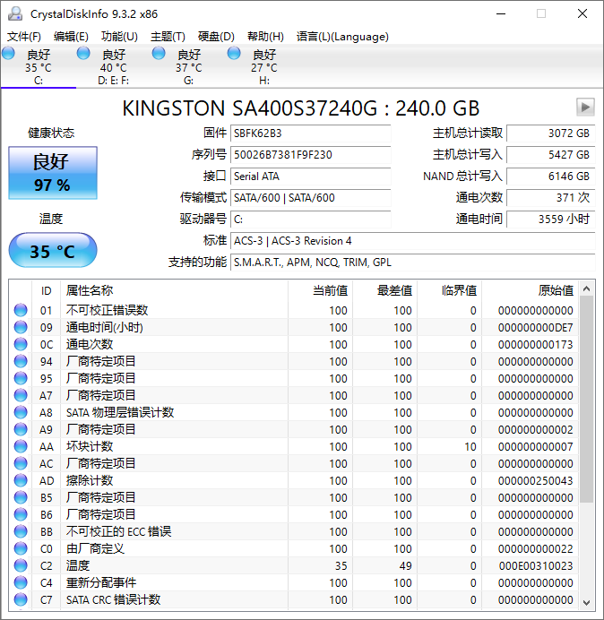 硬盘状态监视器(CrystalDiskInfo)9.3.2中文精简绿色便携正式版